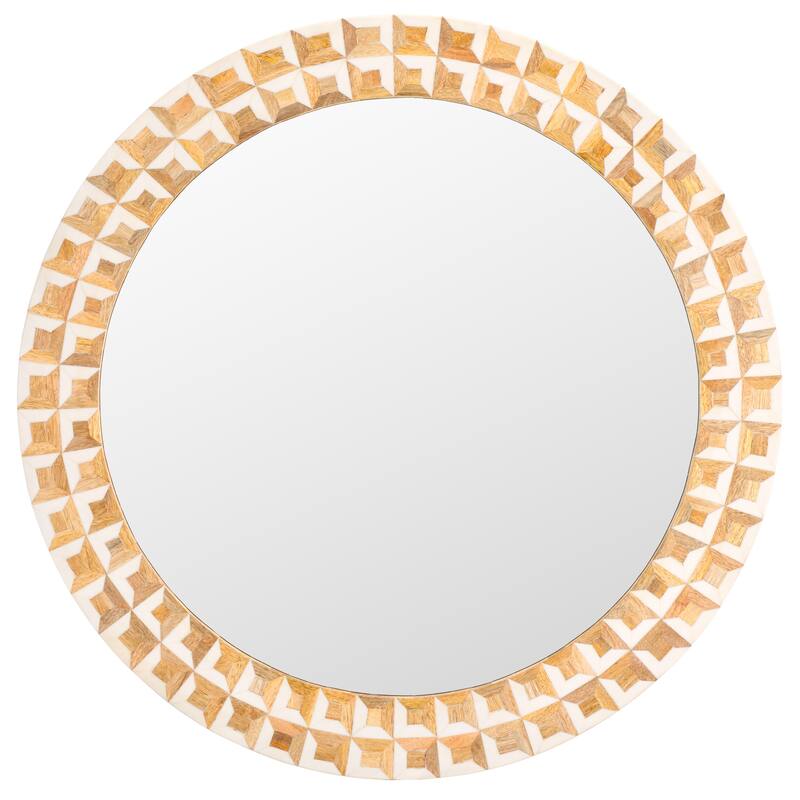 SAFAVIEH Home Aria 29.2-inch Round Antique Ivory/Natural Brown Resin/Mango Wood/MDF Mirror