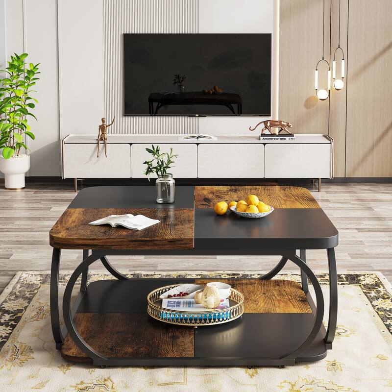 2-tier Square Coffee Table with Curved Metal Frame for Living Room