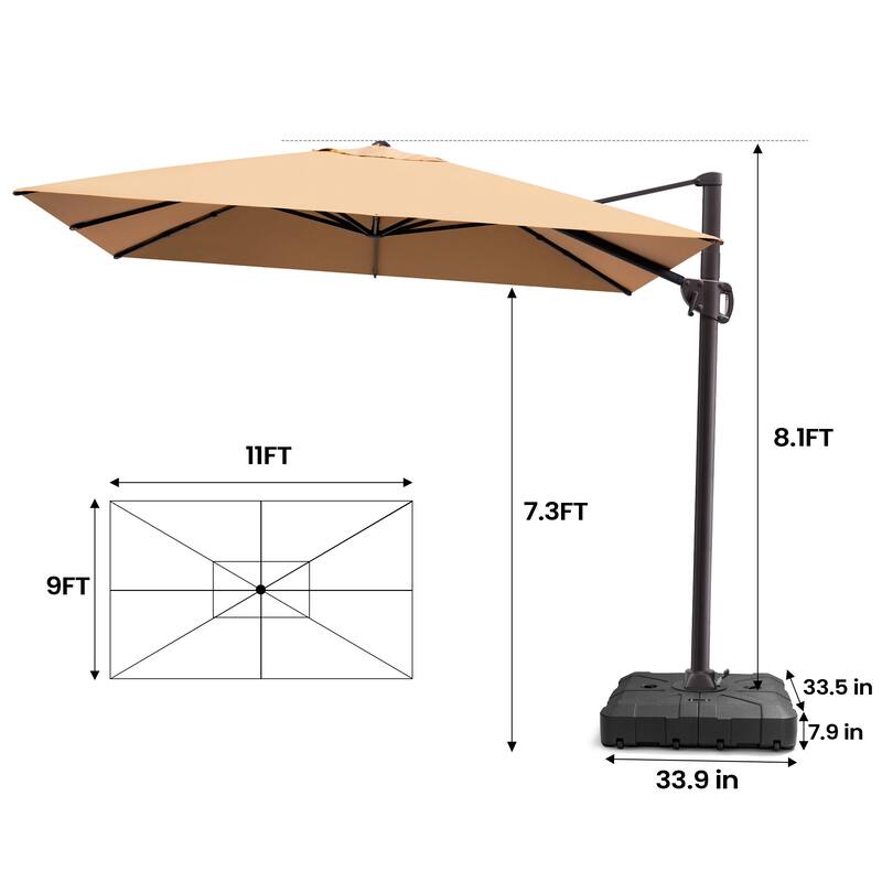Outdoor 9 x 11 Ft Cantilever Patio Umbrella 360 Degree Rotation with HDPE Base