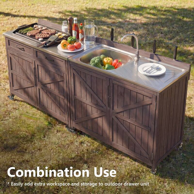 39.4" Outdoor Kitchen Island with 304 Stainless Steel Sink, Hose Hook Up & Faucet, Back Splash & 4 Wheels