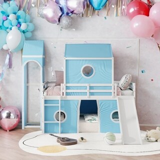 Playhouse Twin Size Loft Bed with Slide Pink Tent and Tower,Spacious Under Bed Space for Kids