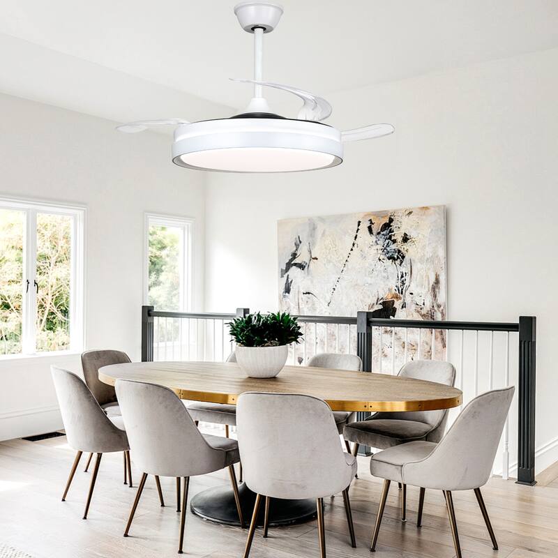 Cusp Barn 42 Inch Retractable Ceiling Fan with Lights, Modern Silent DC Motor 6 Speeds Chandelier Ceiling Fan for Bedroom