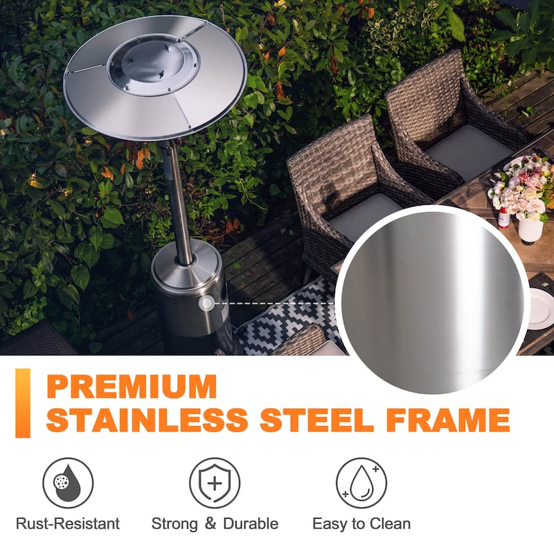 Outdoor 46,000 BTU Stainless Iron Propane Gas Patio Heater with Wheels, Silver