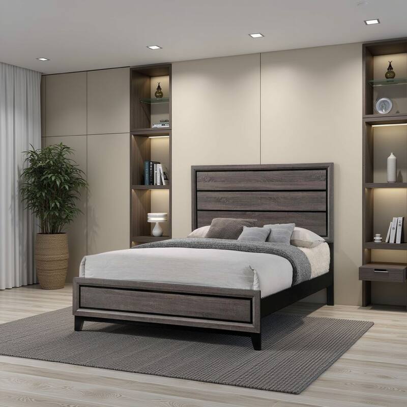 Transitional Wooden Eastern King Bed with Plank Headboard, Gray Oak
