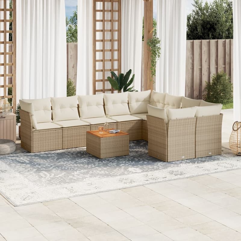 vidaXL Patio Sofa Set with Cushions Outdoor Furniture 10 Piece Poly Rattan - 21.7 x 21.7 x 14.6 - Beige-4x corner+5x middle+table