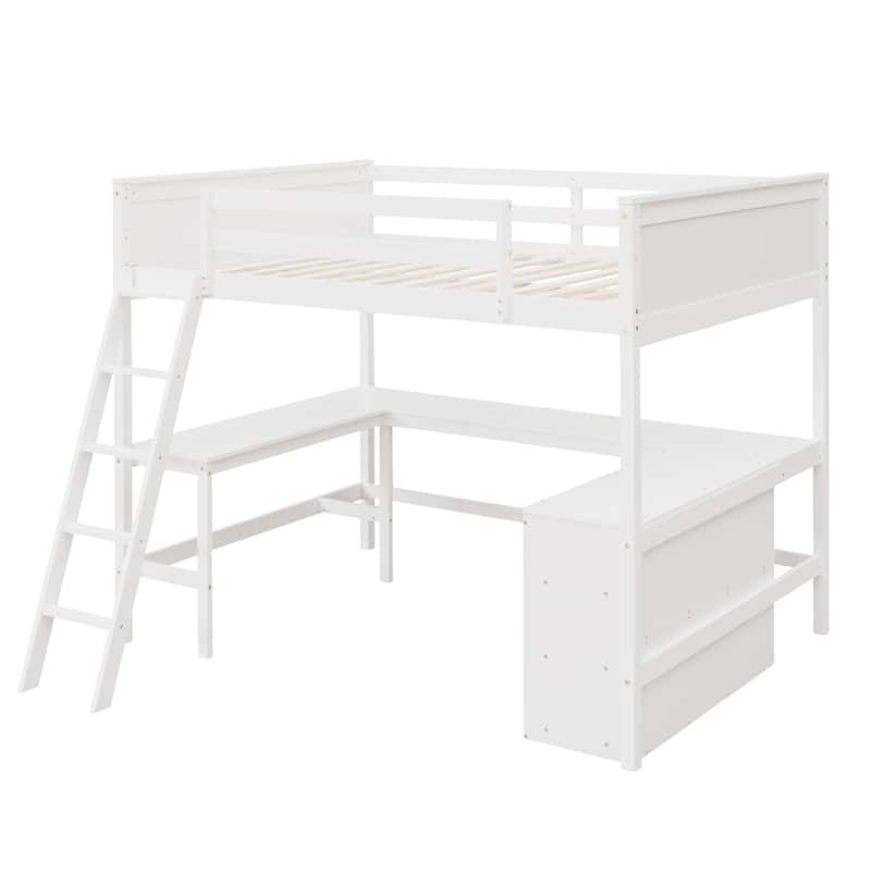 Full Size Loft Bed with Desk and Bookshelves, Wooden Frame, Perfect for Kids, Teens, or Guest Rooms, Space-Saving
