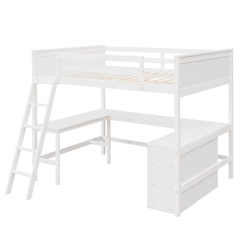 Full Size Wooden Loft Bed with Shelves and Desk in White
