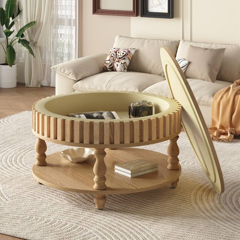 Farmhouse Fluted Coffee Table with Storage and Flip-Top Lids