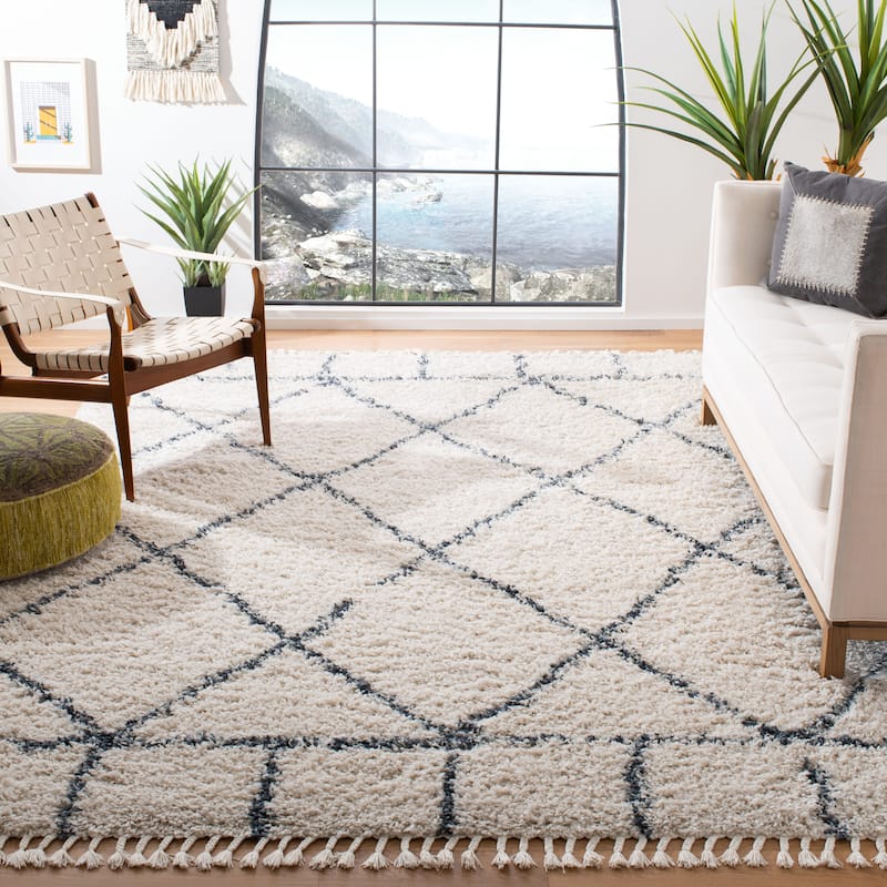 SAFAVIEH Pro Luxe Shag Yuna Moroccan Tassel 2.4-inch Thick - 8' x 10' - Cream/Blue - Rectangle