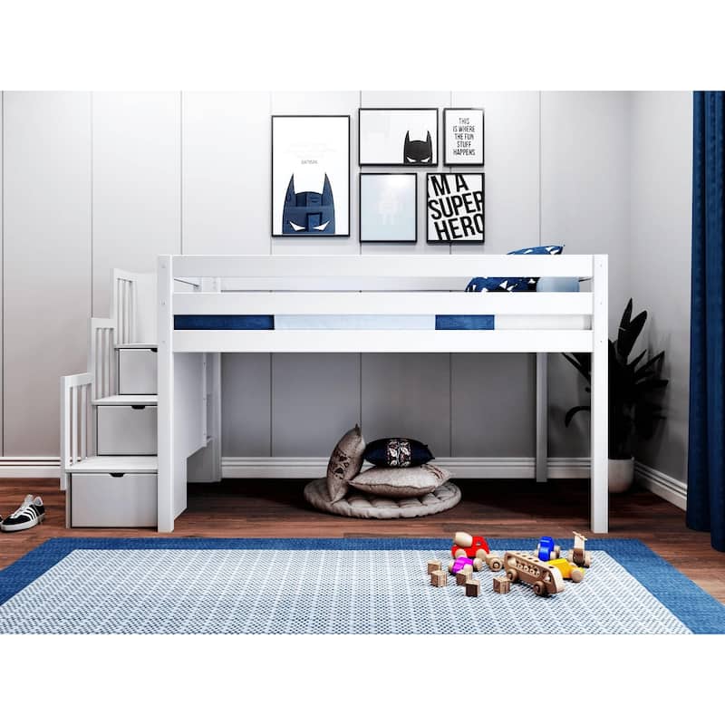 JACKPOT Contemporary Low Loft Twin Bed with 3 Step Stairway