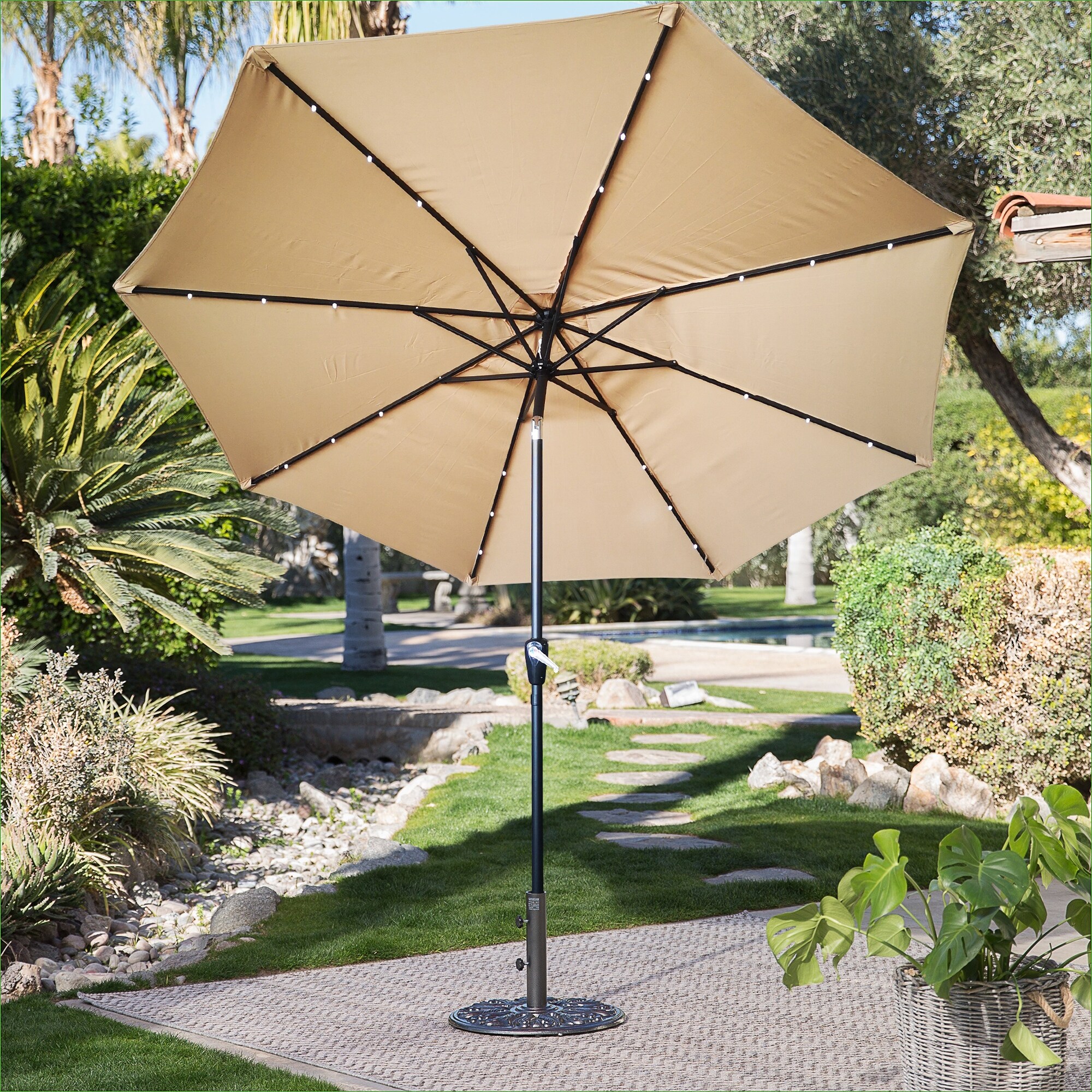 10Ft Lighted Aluminum Patio Table Market Umbrella with Tilt and Crank for Garden,Deck,Backyard,Pool Light Blue