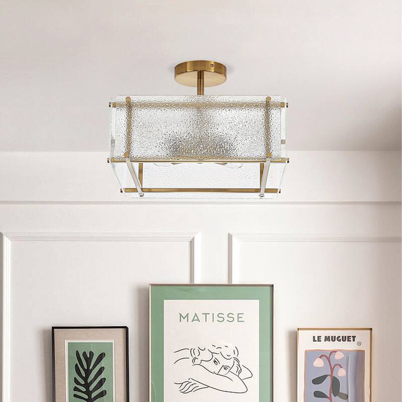 Modern 4 Light Semi Flush Mount Textured Glass Black Metal Design