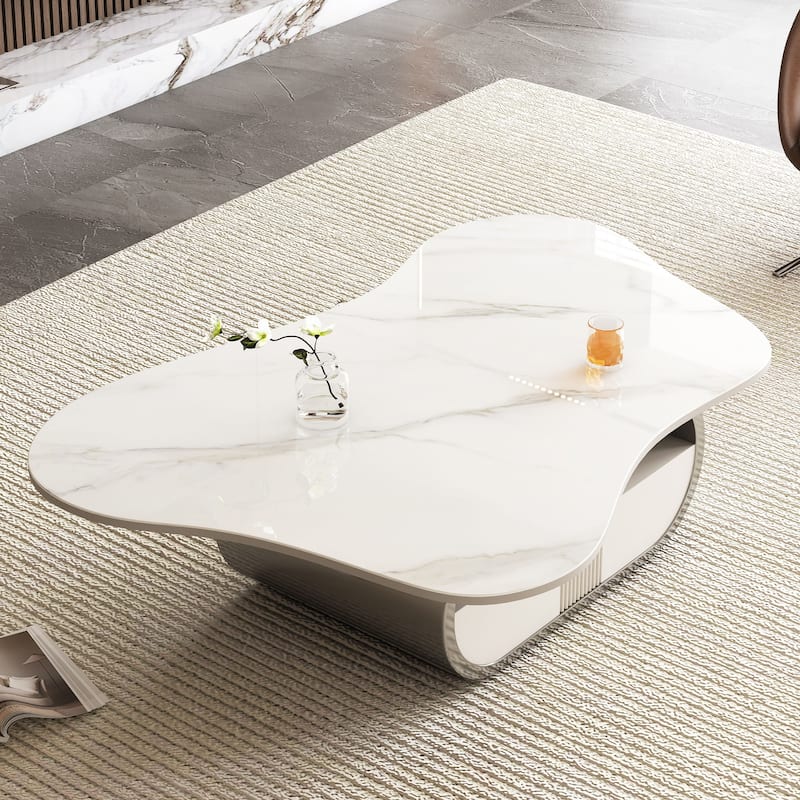 Butterfly Shape Coffee Table Center Table with Sintered Stone Top, Oval Stainless Steel Base, MDF Cabinet with Shelf and Drawer