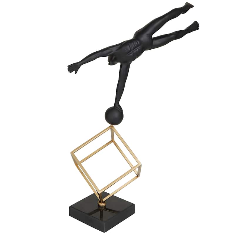 Black Marble Gymnast Decorative Sculpture with Gold Cube Base