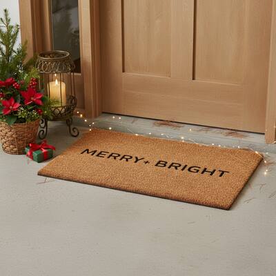 HomeRoots 17" X 29" Brown And Black Christmas Merry and Bright Outdoor Coir Door Mat - 17.00' X '29.00