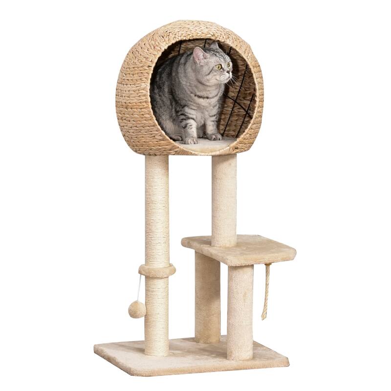 PawHut Cat Tree with Sisal Scratching Post Condo and Hanging Rope 44.5" H, Beige