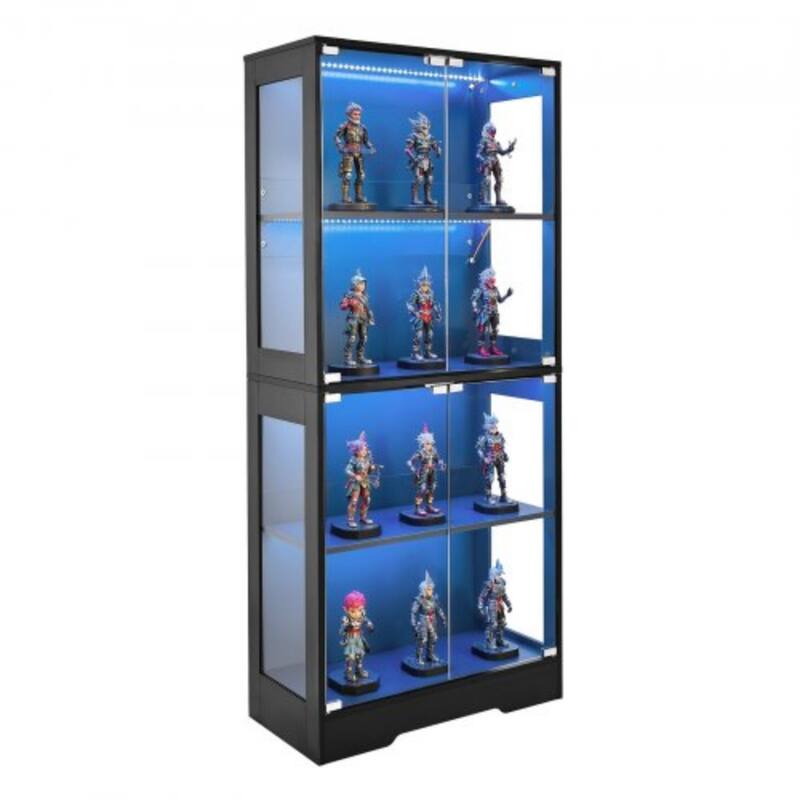Black MDF Glass Display Cabinet 4-Tier with 3-Color LED Lighting - 28.82 × 13.86 × 65.16 inch