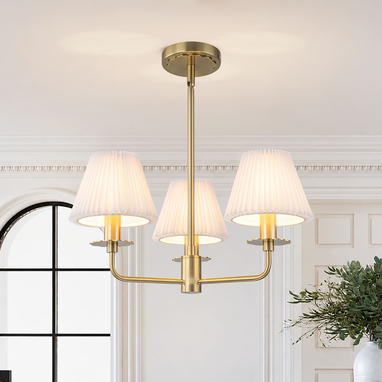 Mid-Century French 3-Light Brass Chandelier with Fabric Shades for Living/Dining Room - 18.9" W x 9.1" H