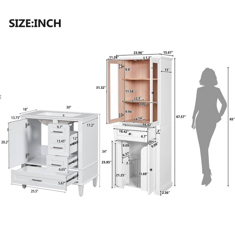 2-Piece Bathroom Storage Set, Tall Bathroom Storage Cabinet and 30" Bathroom Vanity with Ceramic Sink Combo