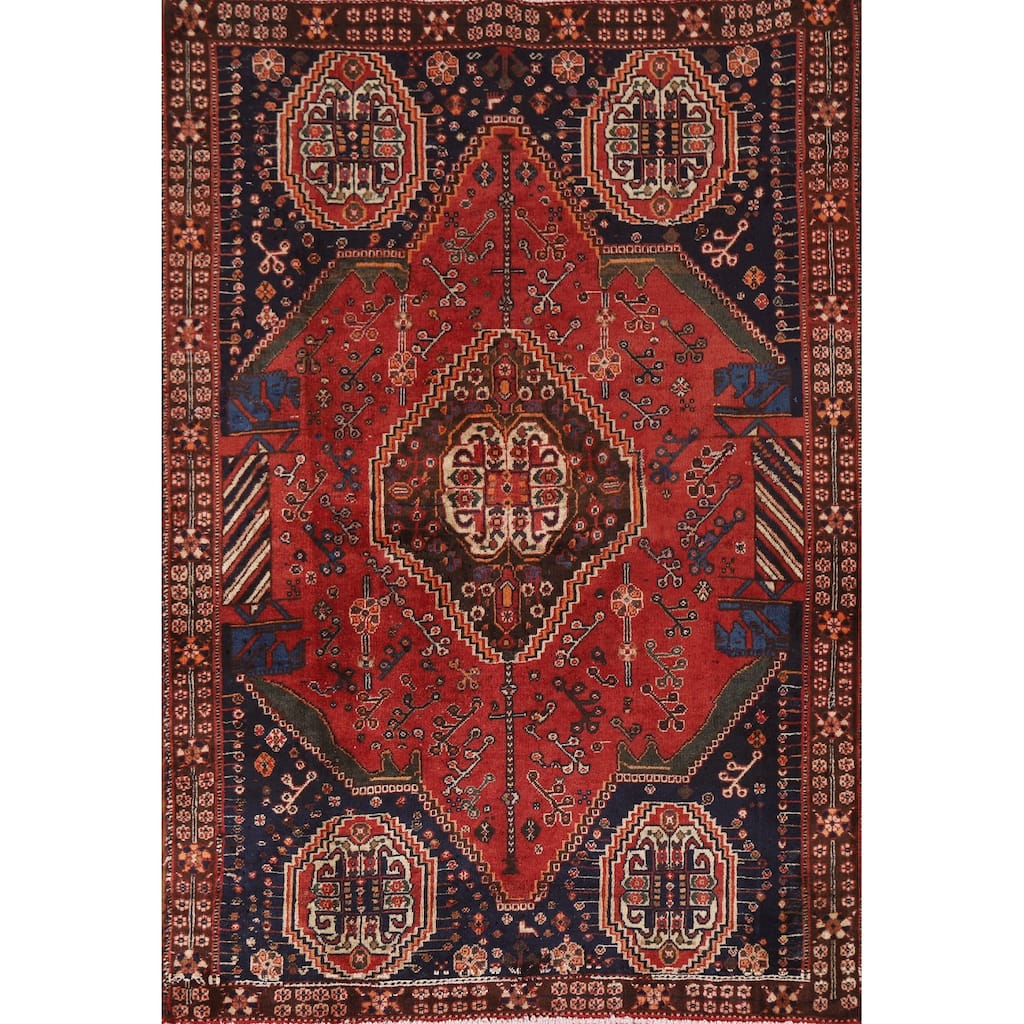 Vegetable Dye Red Shiraz Persian Vintage Area Rug Handmade Wool Carpet - 3'3"x 4'9"