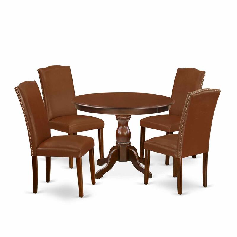5-Piece Round Mahogany Finish Solid Wood Top Dining Table with 4 Parson Chair with