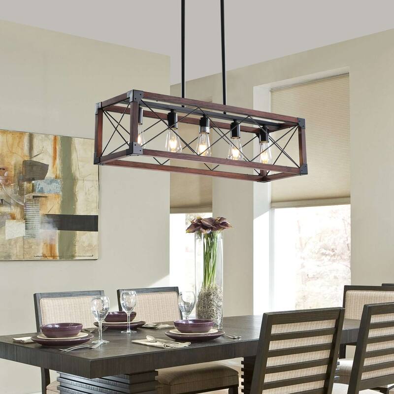 Chandelier Ceiling Lighting with Rectangular Solid Wood Frame, Living Room Hanging Light with Adjustable Height, Red Black