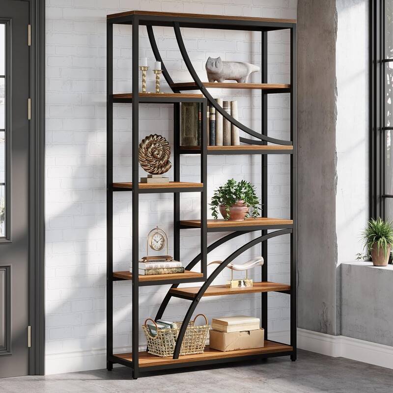 9-Tier Tall Industrial Etagere Bookshelf Bookcase, 70.87'' Wood & Metal Freestanding Display Shelf