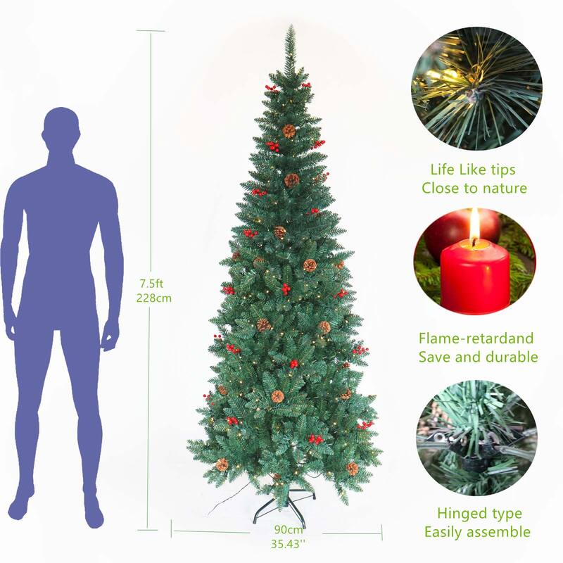 Realistic 7.5ft Prelit Slim Christmas Tree with 300 LED Lights
