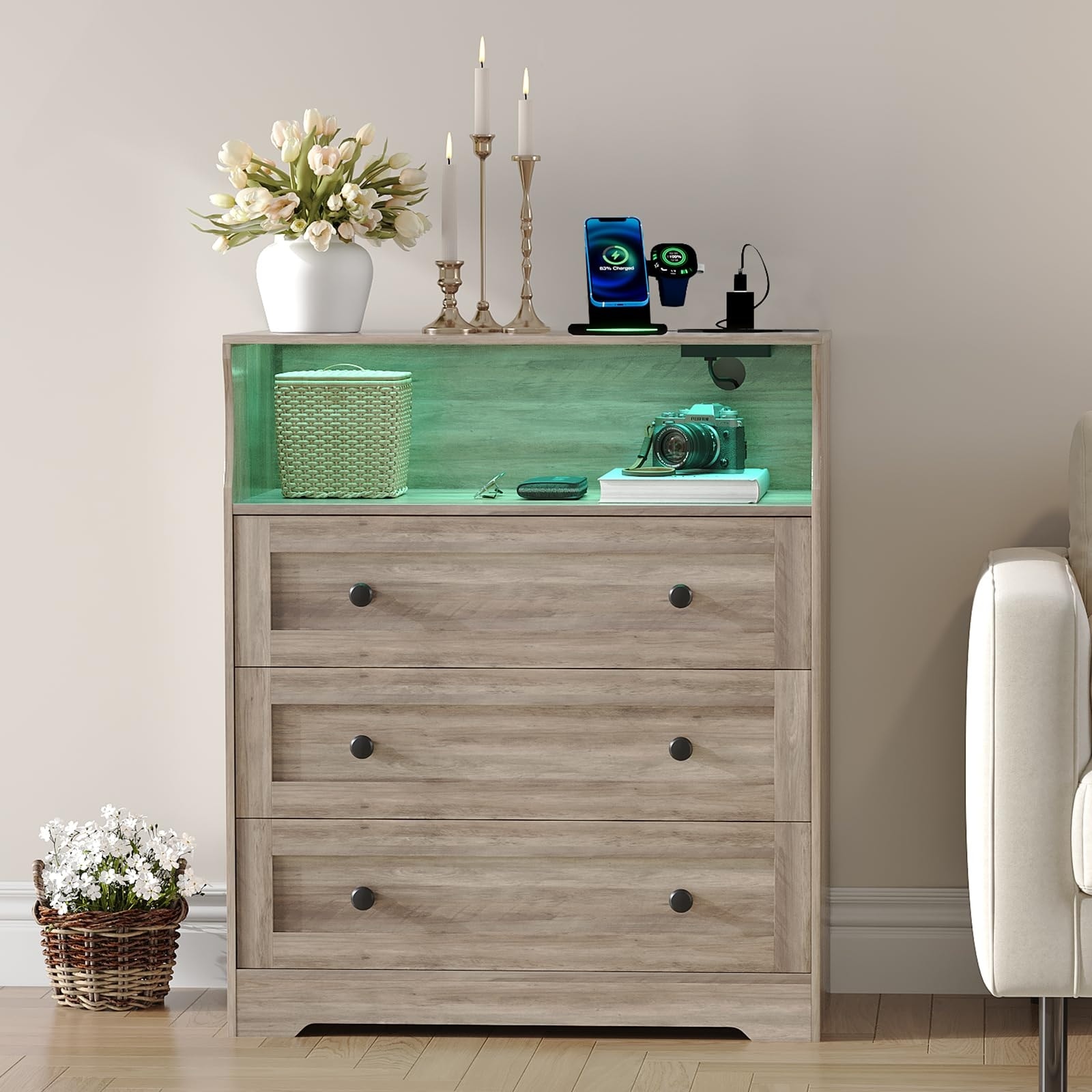 37.2" 3 Drawer Dresser with LED Lights & Charging Station, Wood Storage Chest with Open Shelf