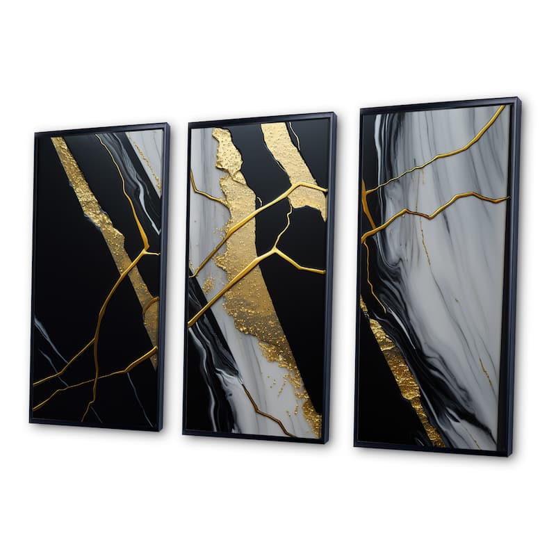 Designart "Abstract Geode Black II" Abstract Marble Framed Canvas Art Print - 3 Panels