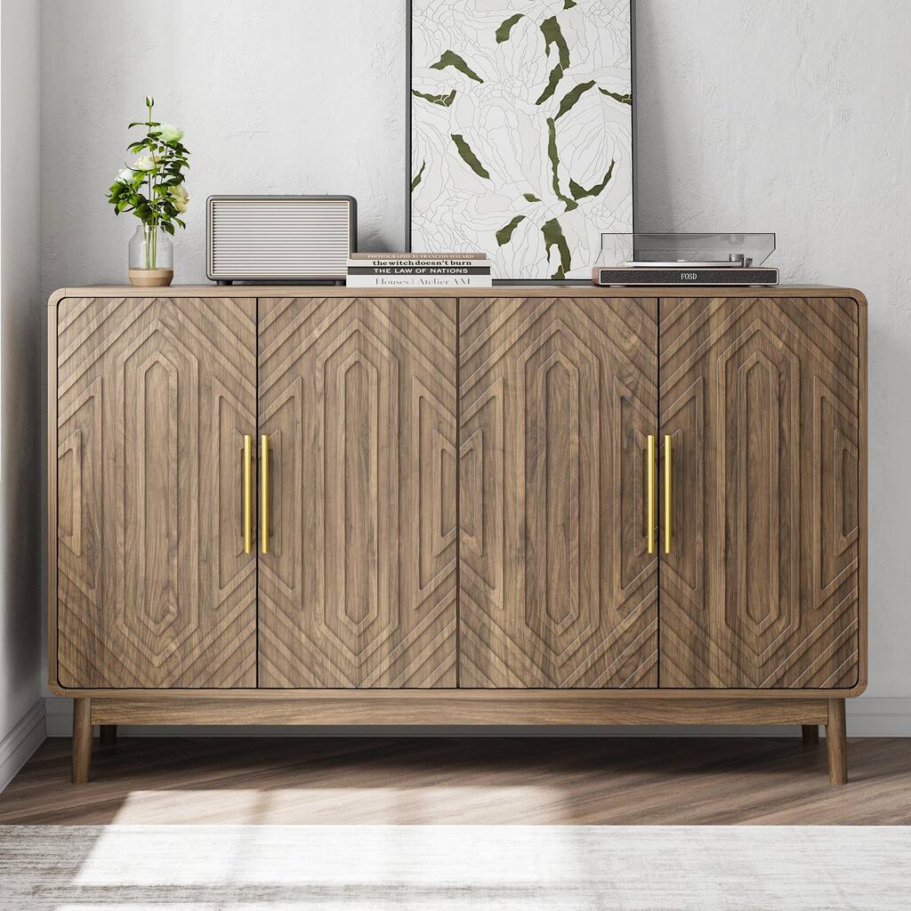 Roomfitters Mid-Century Modern Sideboard Buffet with Geometric Doors, 4-Door Storage Cabinet with Gold Handles, Walnut