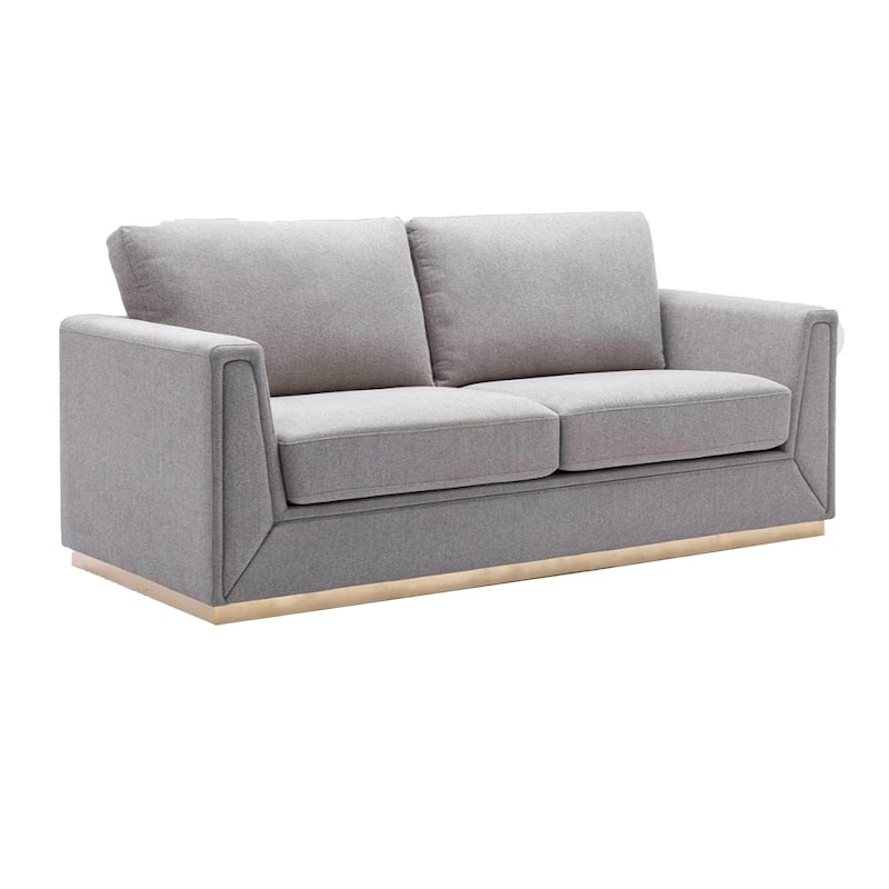 Sylvie Sofa, Gray Linen, Gold Metal, Modern Square Cushions 77 Inch