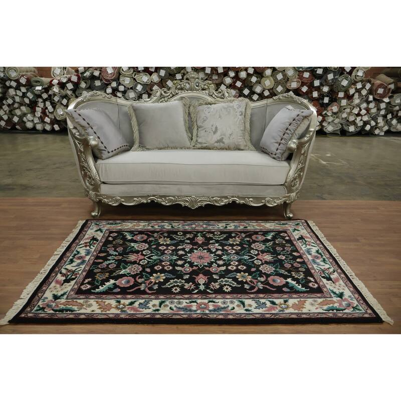 Hand Knotted Oriental 100% Wool Carpet Traditional All-Over Black Agra Area Rug - 6' 1'' X 4' 2''