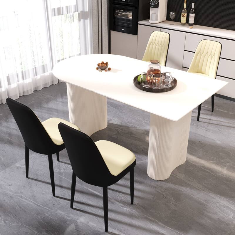 5-Piece Dining Cream MDF Table and 4 Ergonomic PU Chairs Set with for Dinners and Gatherings
