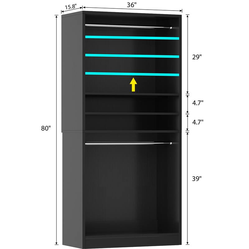 Cimly 36'' Freestanding Closet System with 2 Hanging Rods, Closet Organizer with 2 Adjustable Shelves