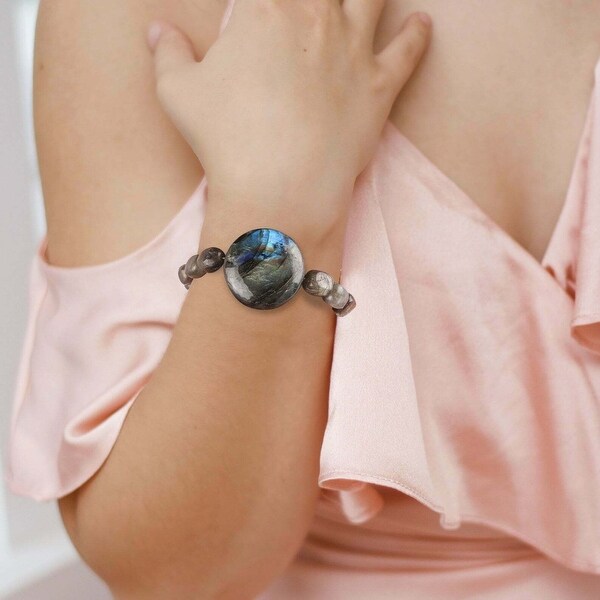 Natural Labradorite Stretch Bracelet Healing Gemstone Handmade Women Jewelry. Opens flyout.