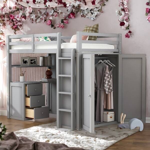 slide 2 of 18, Muti-functional Twin size Loft Bed with Drawers,Desk,and Wardrobe,Solid Construction Grey