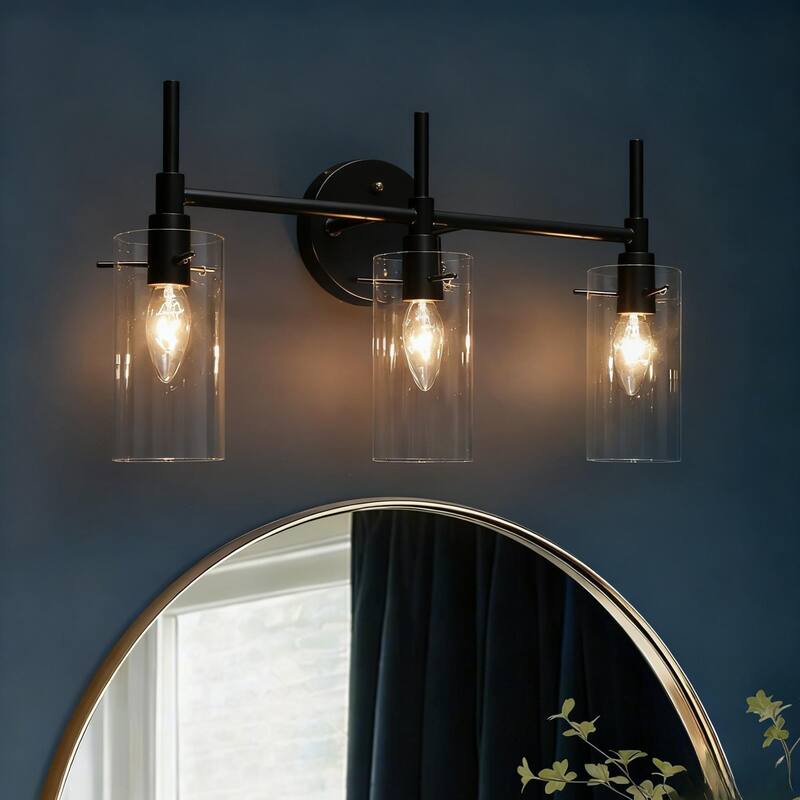 Alva Black Gold Modern Vanity Lights 3-Light Cylinder Clear Glass Shades Bathroom Light Fixture Wall Sconce - Matte Black