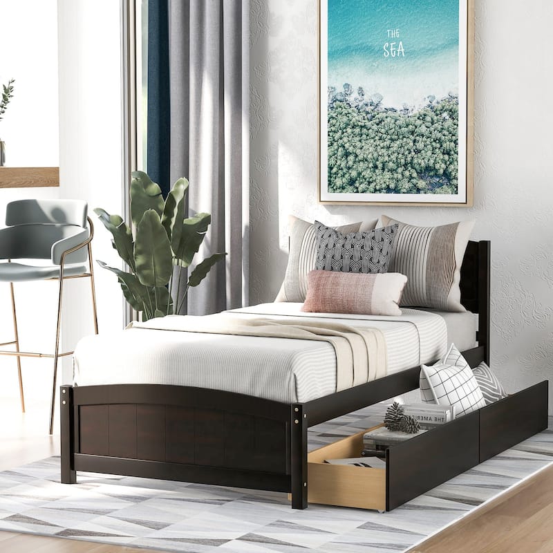 Twin Wood Frame Platform Bed with 2 Drawers