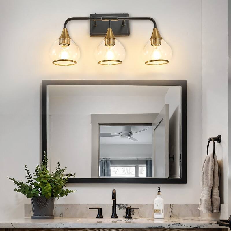 Modern Black and Gold Vanity Wall Sconce with Clear Glass Shades Industrial Bathroom Light Fixture (Bulb Not Included)