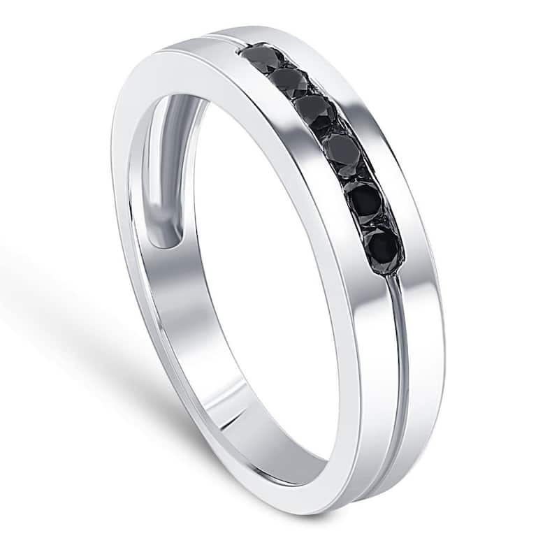 Mens 14K White Gold Black 1/4ct Diamond Wedding Ring