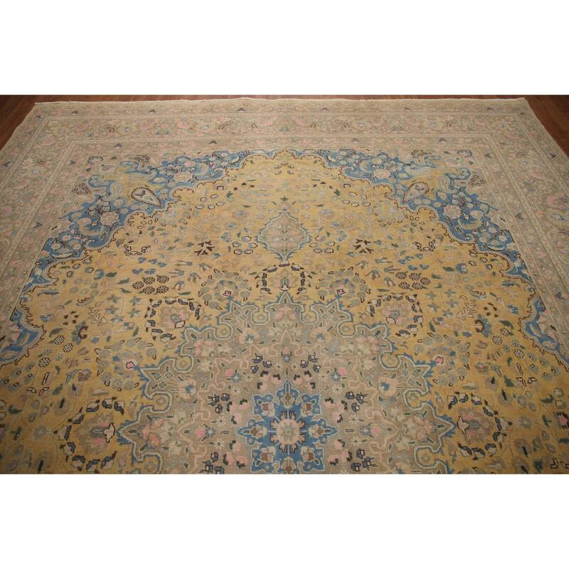 Hand Knotted Oriental 100% Wool Carpet Traditional Floral Yellow & Gold Mashad Area Rug - 12' 6'' X 9' 7''
