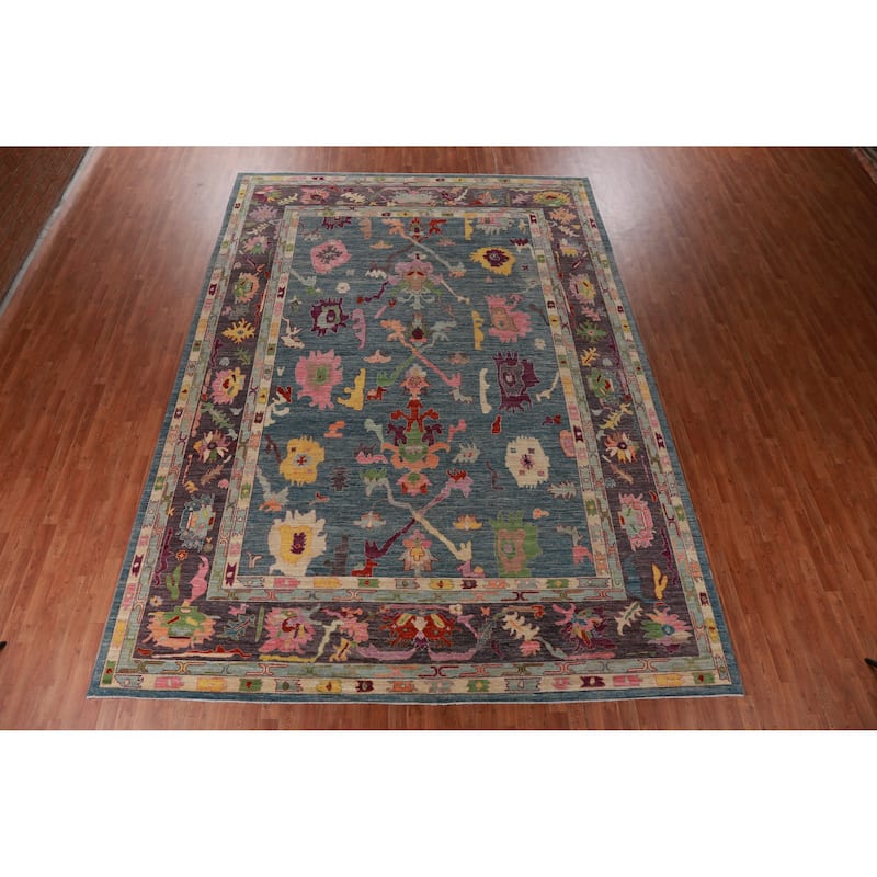 Hand Knotted Oriental 100% Wool Carpet Transitional All-Over Navy Blue & Blues Oushak Area Rug - 14' 1'' X 10' 3''