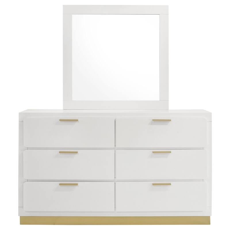Caer Wide Dresser with Mirror, 6 Drawers, White Wood Frame, Gold Metal