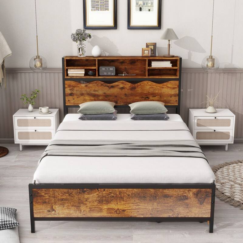 Full / Queen Size Rustic Storage Bed Frame with Bookcase Headboard with Power Outlets, 2 Under-Bed Storage Drawers Included🏕️