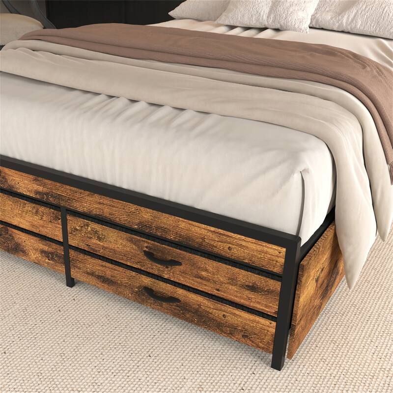 Full/Queen Size Metal Bed Frame w/ Drawers,LED Headboard,Charging Station