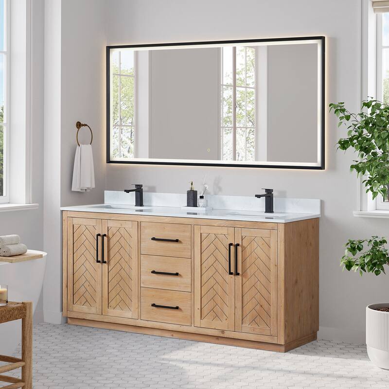 Anais Single Bathroom Vanity in Light Brown with Grain White Engineered Stone Countertop with Mirror