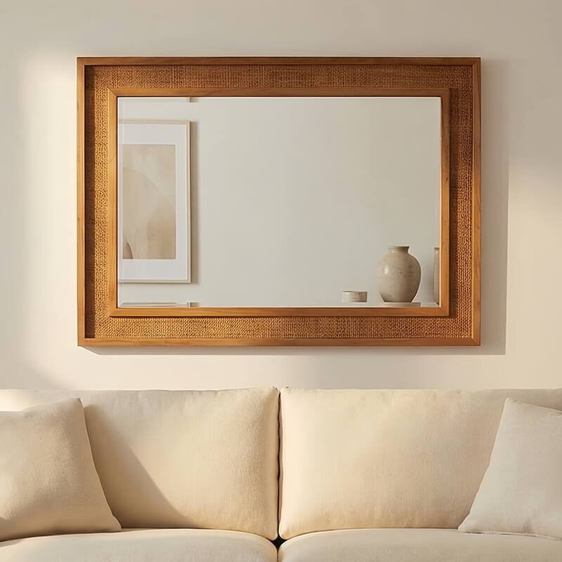 24"x36" Rattan Rectangle Solid Wood Frame Decorative Mirror,For Farmhouse,Bathroom,Home Decor,Entryway