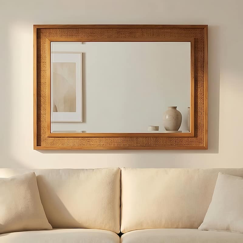 Rattan Rectangle Solid Wood Frame Decorative Mirror