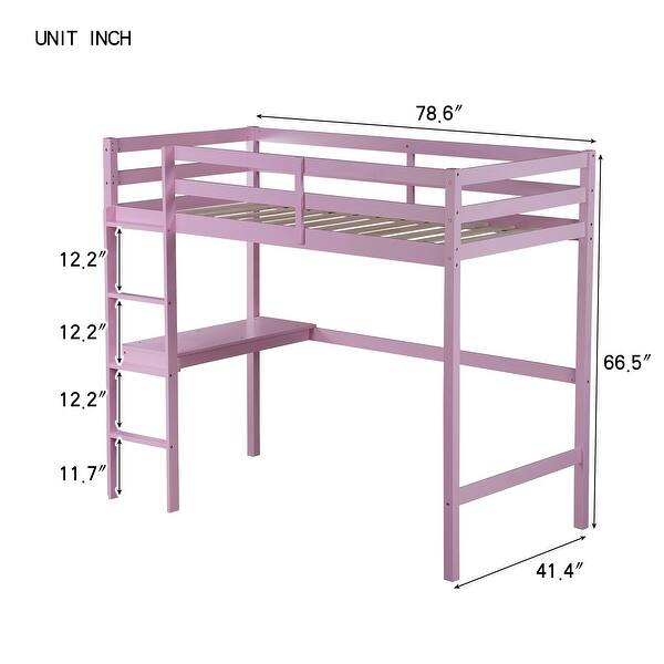dimension image slide 2 of 3, Twin High Loft Bed, Rubber Wood Loft Bed With Safety Guardrail, Built-In Desk, Ladder